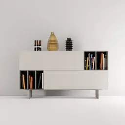 Modern 3D-rendered sideboard with books and decorative vases for Blender design projects.