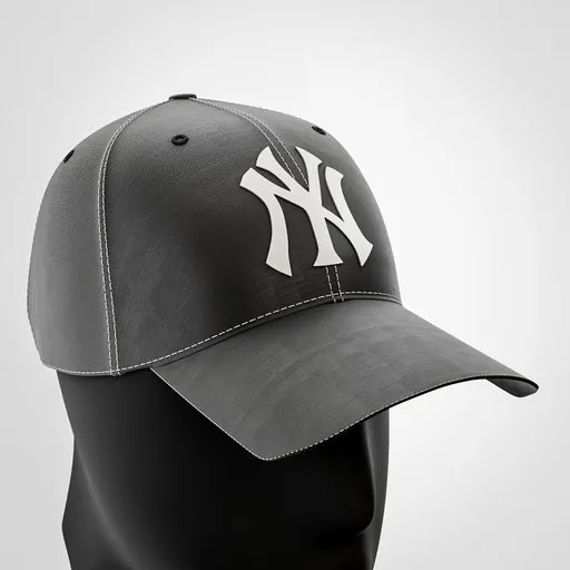 High-quality 3D-rendered black baseball cap with iconic logo, detailed stitching for Blender artists.