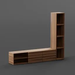 Detailed 3D rendering of a wooden TV unit with shelving, optimized for Blender, perfect for modern interior design visualization.