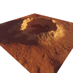 "Explore a stunning red planet landscape with a realistic impact crater 3D model created using Blender 3D. Perfect for videogame assets or background terrains, this AI-generated model features shadows and holographic data. Height map generated through Substance Designer creates brown holes and blue rim lighting for an immersive, aerial view."