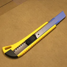 Detailed 3D model of a utility knife with retractable blade, designed in Blender, ideal for animation and graphics.