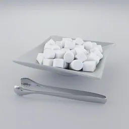 3D modeled sugar cubes on a plate with tongs, photorealistic rendering, ideal for Blender 3D projects in restaurant and bar settings.