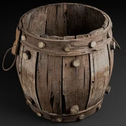 Realistic wooden barrel 3D model with detailed textures for Blender game environments or industrial scenes.