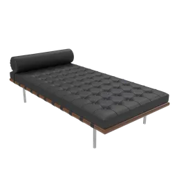 Detailed 3D render of a modern quilted leather daybed with cylindrical cushion and metallic legs.