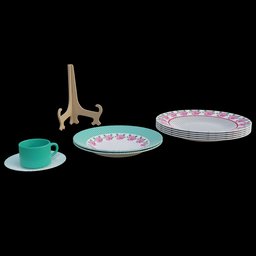 Detailed 3D render of a ceramic kitchenware set with plates and cup, ideal for Blender 3D asset use.