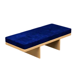 Detailed 3D rendering of a blue upholstered bench with golden legs designed for use in Blender.
