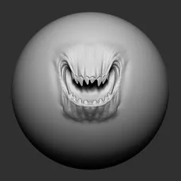 3D sculpting brush imprint of a detailed scary creature mouth with sharp teeth for character modeling.