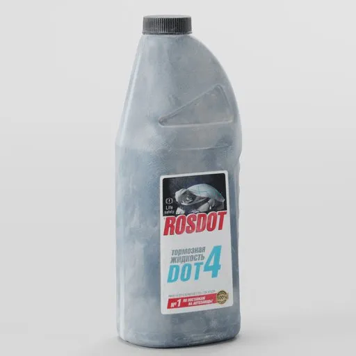 Photorealistic 3D brake fluid bottle model, Blender compatible, detailed texture for industrial use.