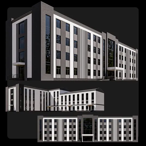 Modern 3D model of a multi-story school with sleek design, clean lines, and geometric windows optimized for Blender.