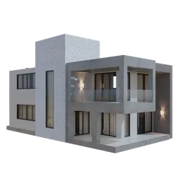 "Stunning modern house 3D model with a concrete design and black and white color scheme. Features include a balcony, detailed lighting and electricity archs. Perfect for adding a contemporary touch to your Blender 3D scenes."
