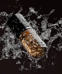 Detailed 3D model of a bottle amidst dynamic water splash, showcasing realistic textures and lighting effects.