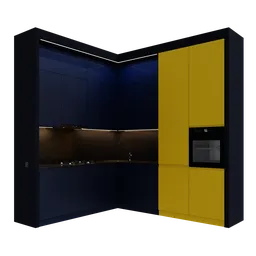 Detailed 3D render of a modern kitchen set in blue and yellow, compatible with Blender.