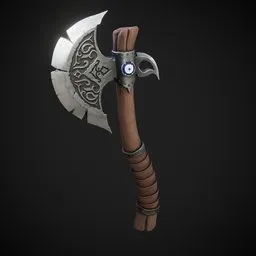 High-detail Blender 3D model of a stylized axe with intricate engravings, Viking inspiration, and 2K game-ready textures.