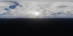 Dynamic lighting with sunrays piercing through overcast clouds over ocean for realistic scene illumination.