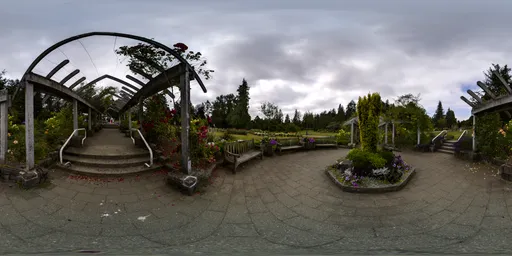 360-degree HDR image showing a serene garden pathway surrounded by lush flowers for scene lighting.