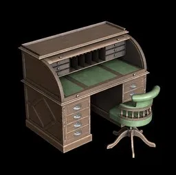 Highly detailed vintage roll-top desk 3D model with chair, designed for Blender, featuring realistic 4K textures, ideal for interior rendering.