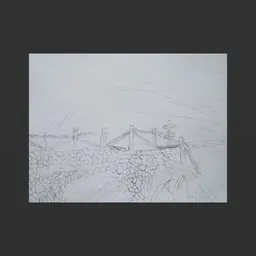 Sketch-style 3D model texture featuring a bridge over water, produced using advanced Blender node techniques.