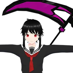 "3D model of a black uniform girl with a scythe, designed for Blender 3D software. This anime-inspired character features black hair, a raytraced blade, and a purple umbrella, creating a captivating visual. Perfect for VRChat enthusiasts, this model showcases a head and upper body, with striking colors of black, white, and red."