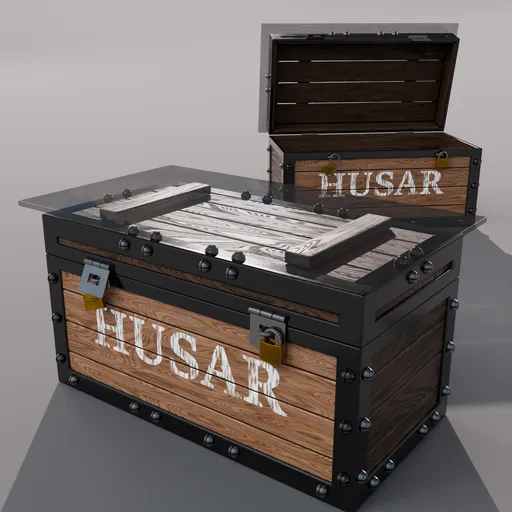 Detailed 3D model featuring a vintage chest transformed into a unique table with glass top, ideal for Blender 3D projects.