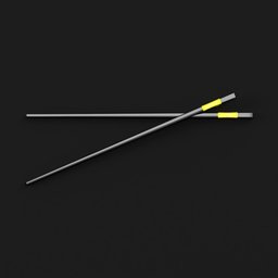 "Chinese chopsticks 3D model for Blender 3D: Two metal chopsticks with yellow handles placed on a black surface. Perfect for tableware set designs and AI applications. This 3D render showcases the difraction of light, offering a realistic depiction of chopsticks commonly used in Chinese culture."