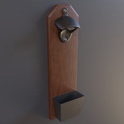 "Wall Mounted Bottle Opener and Cap Catcher made in Blender 3D. Ideal for bars, kitchens, and backyards. Designed with rich woodgrain and metal material for a photorealistic look."