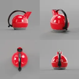 Red electric kettle 3D model from multiple angles, with sleek design and realistic Cycles rendering for Blender artists.