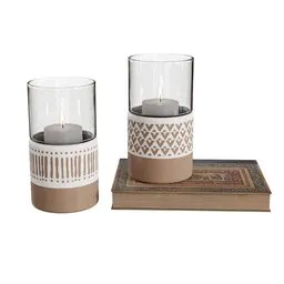"Ornate vase candles in ancient Roman style, featuring a geometric pattern, taupe color, and gold accents. This high-detail 3D model for Blender 3D is perfect for adding a touch of elegance to home decor. Available on the store website and suitable for various creative projects."