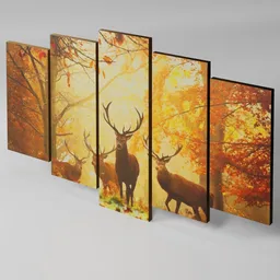 Decorative 3D model of a mosaic frame for interior design in Blender, featuring artistic autumn scenery with deer.