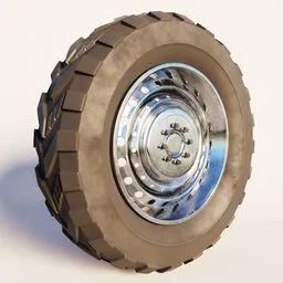 Detailed 3D model of an off-road tire on a metallic rim, compatible with Blender for vehicle design.
