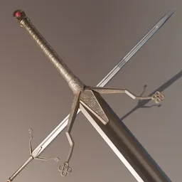 Ornate medieval claymore 3D model with polished blade and detailed crossguard, suitable for Blender historic and fantasy renders.