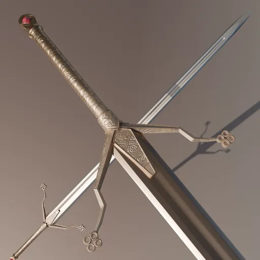 Ornate medieval claymore 3D model with polished blade and detailed crossguard, suitable for Blender historic and fantasy renders.