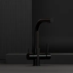 Black 3D rendered kitchen faucet with modern design, relevant for Blender 3D artists and CGI visualization.