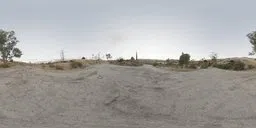 360-degree high-resolution flat ground HDR environment with sparse vegetation and sky for realistic lighting.