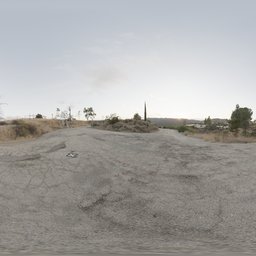 360-degree high-resolution flat ground HDR environment with sparse vegetation and sky for realistic lighting.