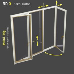 Detailed 3D model of a steel frame triple-panel window with customizable controllers for size, sections, and opening angles, compatible with Blender.