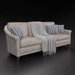 High-quality 3D model of beige leather sofa with cushions and throw, customizable for Blender rendering.
