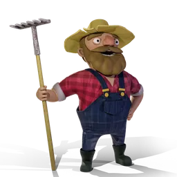 Stylized 3D farmer model with rake, rigged for animation in Blender, compatible with Mixamo.