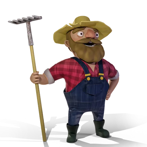 Stylized 3D farmer model with rake, rigged for animation in Blender, compatible with Mixamo.