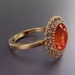 Detailed 3D rendered flower-shaped gold ring with a central red gemstone surrounded by small diamonds in Blender.