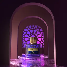 Elegant 3D-rendered Ramadan-themed perfume bottle mockup with intricate Islamic architecture backdrop.