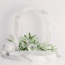 Rendered 3D marble podium with green plants for product display, suitable for Blender creative projects.