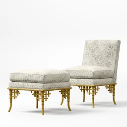 "Kit Side Chair and Ottoman - 3D Model for Interior Visualizations. Designed by Hickory Chair. Traditional furniture in a neo-classical Chinese style with articulated joints, metallic brass accessories, and a unique design inspired by Eugène Grasset. High detail, featured on Artsation and suitable for upscale parlor settings. Rendered with Octane for Blender 3D."