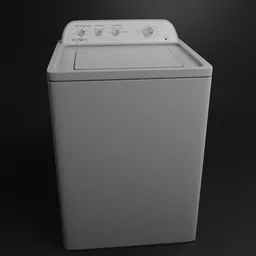 "3D model of a white Whirlpool top load washer, perfect replica created with Blender 3D software. Highly detailed render with realistic soft lighting and clean architecture, ideal for household appliances themed projects."