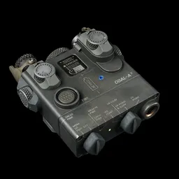 Highly detailed naval 3D model of a Dual Beam Aiming Laser, compatible with Blender, isolated on a dark background.
