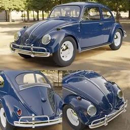 Detailed 3D model of a classic blue Volkswagen Beetle, designed for Blender rendering and vintage car enthusiasts.