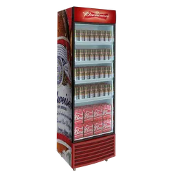 "Add realism to your restaurant or bar scene with a 3D model of a Budweiser refrigerator. Featuring an Arafed display case with a beer bottle and cold beverage inside, this 3D model is perfect for a virtual installation. Created with Blender 3D and rendered with Maxwell, this model is sure to enhance your inventory image. "