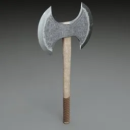 "3D model of a historic Viking axe with a wooden handle, textured in Substance Painter and created with Blender 3D software. The realistic design is inspired by Charles H. Woodbury and features grindhouse and Scandinavian design elements. Ideal for game art and 3D graphic projects."