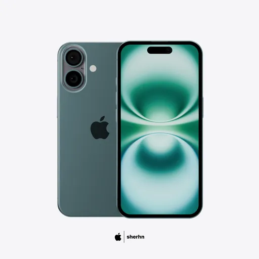 Detailed Blender 3D model of teal smartphone with dual camera and realistic screen display.