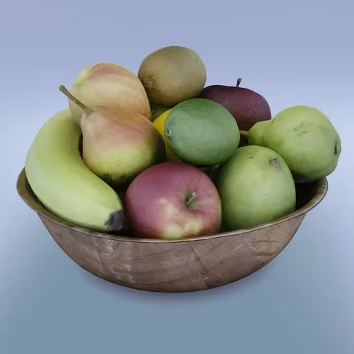 Detailed 3D rendering of a fruit-filled wooden bowl for Blender modeling and texturing reference