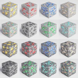 "Highly detailed and colorful collection of Minecraft Ore Blocks, perfect for creating your own Minecraft world in Blender 3D. This 3D model features stippled gradients, floating particle effects, and clever texturing for a realistic look. Download now from BlenderKit's Environment Elements category."